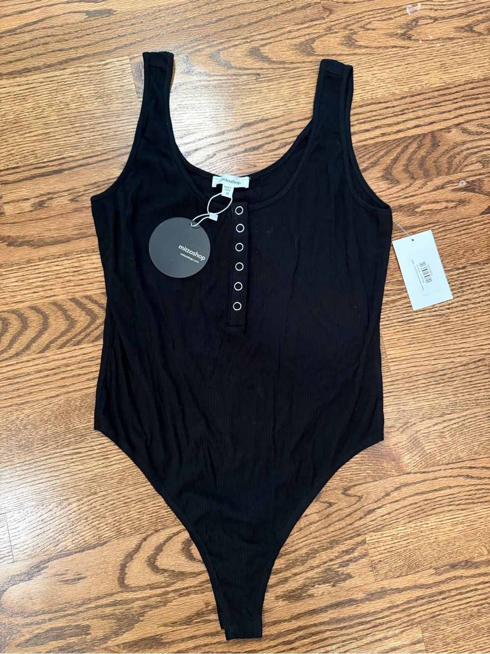 mittoshop Black Ribbed Snap-Front One-Piece Thong Bodysuit